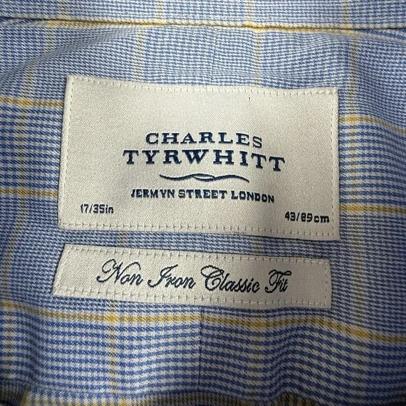 Charles Tyrwhitt Men Dress Shirt Size 17/35 Fit Blue Plaid French Cuff - Picture 4 of 6